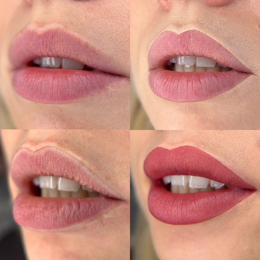 Confronto tra labbra con trucco permanente nude subito dopo il trattamento PMU, con diversi obiettivi di risultato a guarigione avvenuta e diverse risposte del tessuto